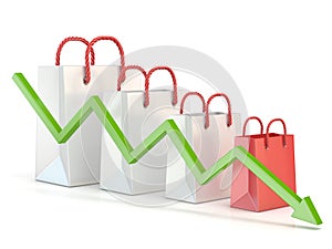 Shopping bag decreasing chart. Sales reduction chart. 3D