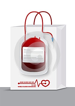 A shopping bag design with bloods bag and wording of world blood donor day screen on cover in vector design