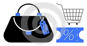 Shopping Bag with Discount Tag Shopping Cart and Discount Coupon in Simple Vector Art photo