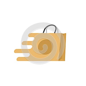 Shopping bag fast vector logo, flat cartoon quick paper bag icon isolated, concept of fast delivery or shipping clipart