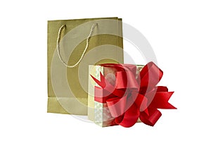Shopping bag and gift box with red ribbon