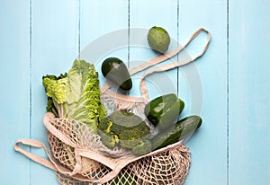 Shopping bag with green products on a turquoise background