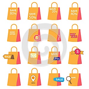 shopping bag icons set with discount sign