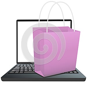 Compras bolsa sobre el teclado de computadora portátil sobre el la tienda conectado a internet 