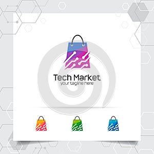 Shopping bag logo design concept of online shop icon and technology vector used for merchant, e-commerce, and supermarket