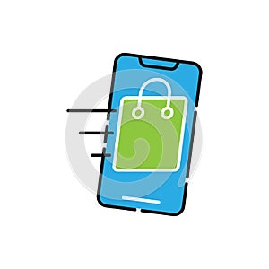 Shopping Bag with mobile phone icon Vector Design. Shopping Bag icon with smartphone design concept for e-commerce, online store