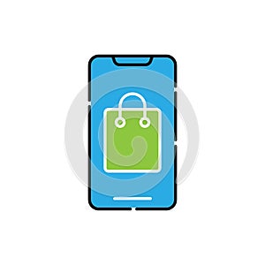 Shopping Bag with mobile phone icon Vector Design. Shopping Bag icon with smartphone design concept for e-commerce, online store