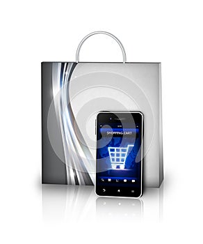 Shopping bag and mobile phone isolated over white