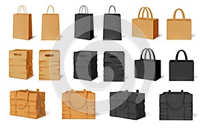 Shopping bag mockup. Craft paper bags, black empty packaging and shop handbag template vector set