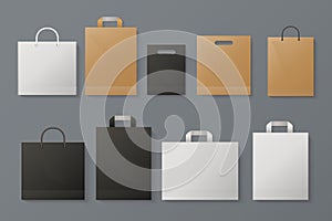 Shopping bag mockup. Realistic white paper package craft black brand merchandise shop gray paper. Fashion shopping