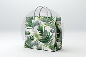 Shopping bag with tropical green leaf prints, against a pure white background, empty space