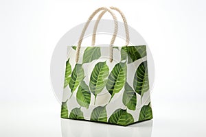 Shopping bag with tropical green leaf prints, against a pure white background, empty space