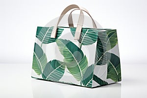 Shopping bag with tropical green leaf prints, against a pure white background, empty space