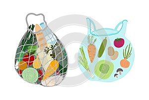 Shopping bag and turtle bag flat vector illustrations set. Grocery purchases, bag with organic products. Natural food