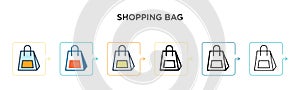 Shopping bag vector icon in 6 different modern styles. Black, two colored shopping bag icons designed in filled, outline, line and