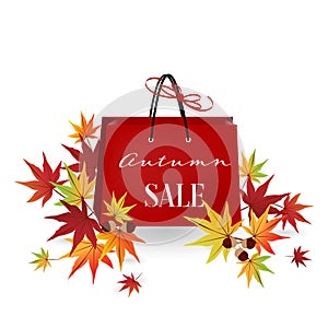 Shopping bags with Autumn Sale text, fall leaves and acorn isolated on white background. Special autumn sale banner