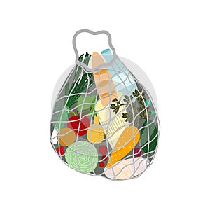 Shopping bags and baskets flat vector illustrations set. Grocery purchases, paper and plastic packages, turtle bags with
