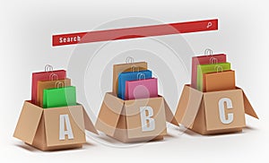 Shopping bags in boxes and a red search button 3d rendering