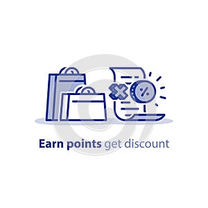 Shopping bags with check and bonus, reward points, loyalty program, sale concept