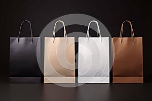 Shopping bags. Craft a brown, black and white paper bag. Empty mockup on a black background. Generative AI