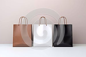 Shopping bags. Craft a brown, black and white paper bag. Empty mockup on a white background. Generative AI