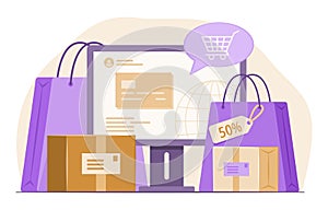 Shopping Bags and Merchandise Boxes with Desktop Computer for Online Shopping and E-Commerce Concept Illustration