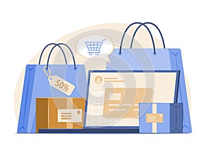 Shopping Bags and Merchandise Boxes with Laptop Computer for Online Shopping and E-Commerce Concept Illustration