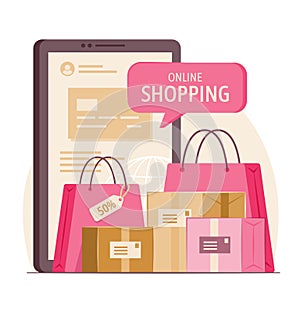 Shopping Bags and Merchandise Boxes with Smartphone for Online Shopping and E-Commerce Concept Illustration