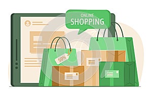 Shopping Bags and Merchandise Boxes with Tablet for Online Shopping and E-Commerce Concept Illustration