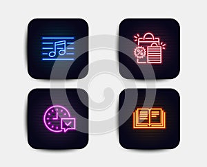 Shopping bags, Musical note and Select alarm icons. Education sign. Sale discount, Music, Time symbol. Vector