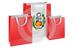 Shopping bags with Peruvian flag. Shopping in Peru, concept. 3D rendering