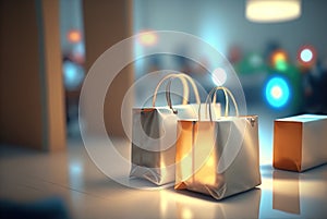 Shopping bags with purchases on stylized bokeh background. Fashion sale concept with shopping bags.