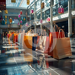 Shopping bags scattered in mall, illustrating consumerism and retail therapy