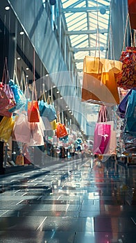 Shopping bags scattered in mall, illustrating consumerism and retail therapy