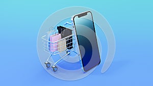 Shopping bags, shopping cart, and smartphone on blue background for shopping online concept design. E-commerce design. 3d
