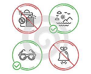 Shopping bags, Sunglasses and Sea mountains icons set. Bell sign. Sale discount, Travel glasses, Summer travel. Vector