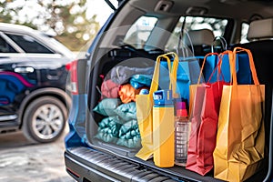 Shopping bags and supplies needs in family car trunk at a shopping mall parking