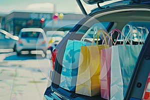 Shopping bags and supplies needs in family car trunk at a shopping mall parking