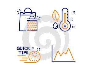 Shopping bags, Thermometer and Quick tips icons set. Diagram sign. Sale marketing, Grow plant, Helpful tricks. Vector