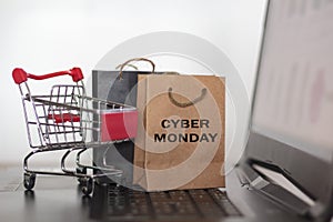 Shopping bags and trolley and laptop. Online shopping, e-commerce, Cyber Monday season concept