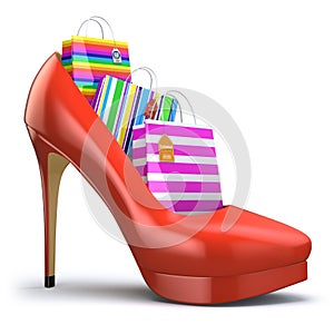 Shopping bags in women high heel shoes. Concept of consumerism. photo