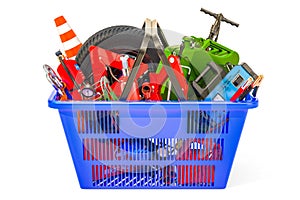 Shopping basket with car tools, equipment and accessories. 3D re