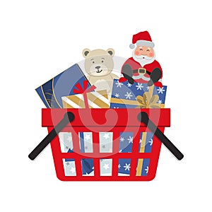 Shopping basket with Christmas gifts, Teddy bear and Santa Claus