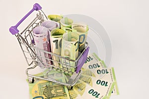 The shopping basket contains EU banknotes. The concept of selling, buying currency. Consumer basket. Saving. Trading on