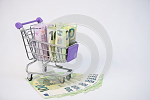 The shopping basket contains EU banknotes. The concept of selling, buying currency. Consumer basket. Saving. Trading on
