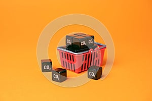 Shopping basket and cubic CO2 carbon dioxide. Customers carbon footprint.