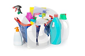 Shopping basket with detergent bottles and chemical cleaning sup