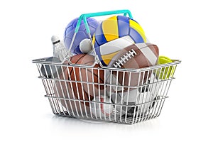 Shopping basket with different sport balls. Buying and sliing, e-commerce of sport accesoires concept