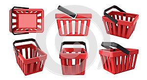 Shopping basket. Empty shopping cart with handle, supermarket shopping and buy icon isolated vector 3D illustration set