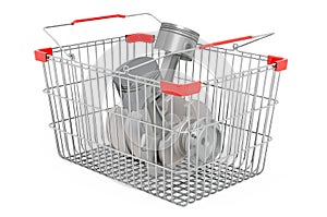 Shopping basket with engine pistons, 3D rendering